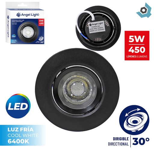 [12725] LAMPARA LED OJO DE BUEY 5W REDONDA 6400K NEGRO ANGEL LIGHT