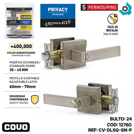 [12760] CERRADURA DE MANILLA CUADRADA SATINADA COVO