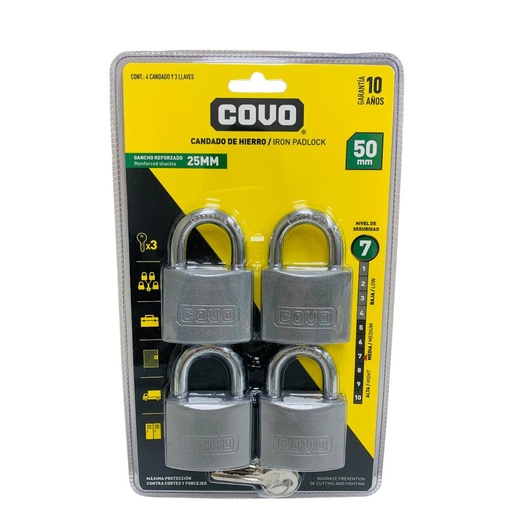 [12845] SET DE CANDADOS 50 MM DE HIERRO 4 PZAS COVO