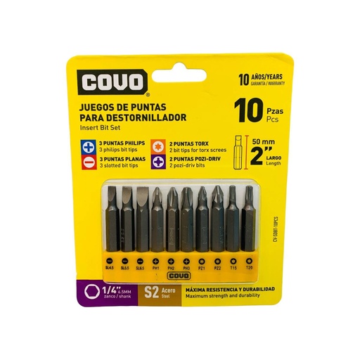[12846] JUEGO DE PUNTAS 10 PZAS PARA DESTORNILLADOR COVO