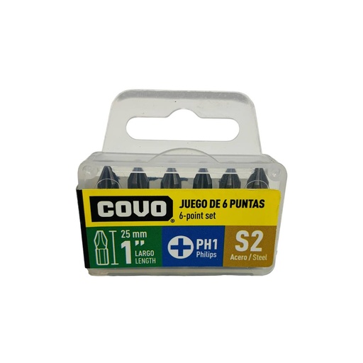 [12849] PUNTAS DE ESTRIA 1" PH1 PARA DESTORNILLADOR 6 PZAS COVO