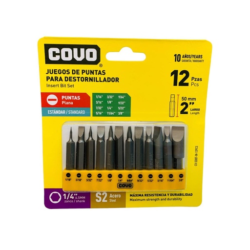 [12856] JUEGO DE PUNTAS DE PALETA 12 PIEZAS PARA DESTORNILLADOR COVO
