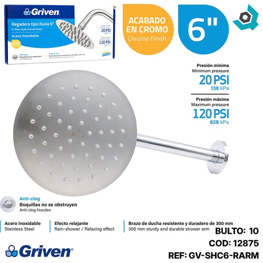 [12875] REGADERA TIPO LLUVIA 6" CROMADA REDONDA GRIVEN