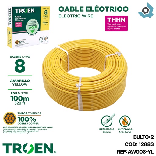 [12883] CABLE ELECTRICO 8 AWG AMARILLO 7 HILOS TROEN