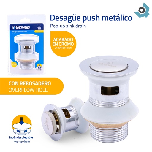 [12976] DESAGUE PUSH METALICO CROMADO CON REBOSADERO GRIVEN