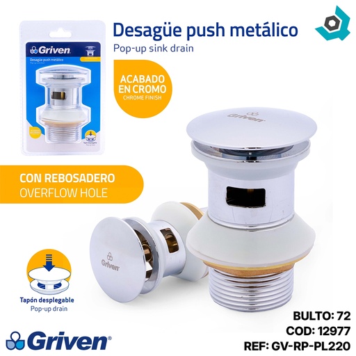 [12977] DESAGUE PUSH METALICO CROMADO CON REBOSADERO GRIVEN