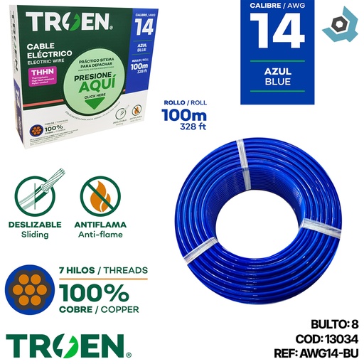 [13034] CABLE ELECTRICO 14 AWG AZUL 7 HILOS TROEN