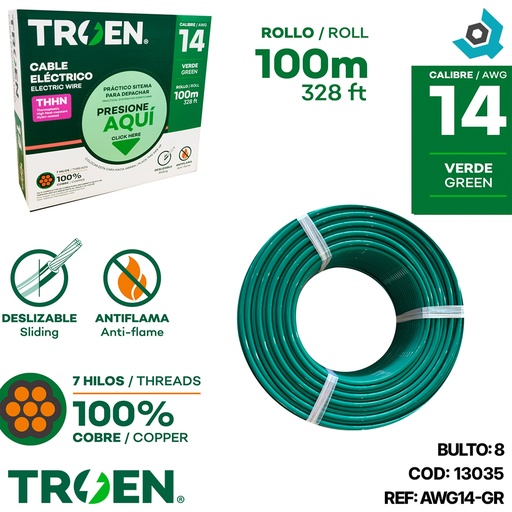 [13035] CABLE ELECTRICO 14 AWG VERDE 7 HILOS TROEN
