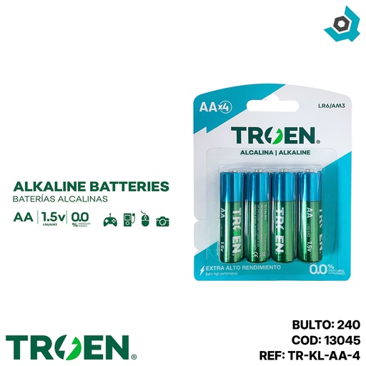 [13045] BATERIAS AA ALCALINAS 4PZAS TROEN