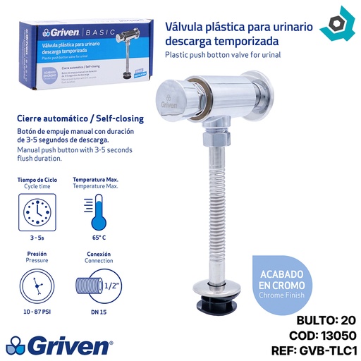 [13050] VALVULA PLASTICA PARA URINARIO CROMADO GRIVEN BASIC