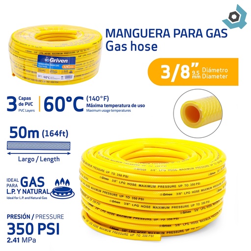 [13085] MANGUERA PARA GAS 3/8" 50M GRIVEN