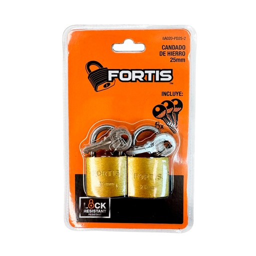 [13108] CANDADO DE HIERRO 25MM 2PZAS FORTIS