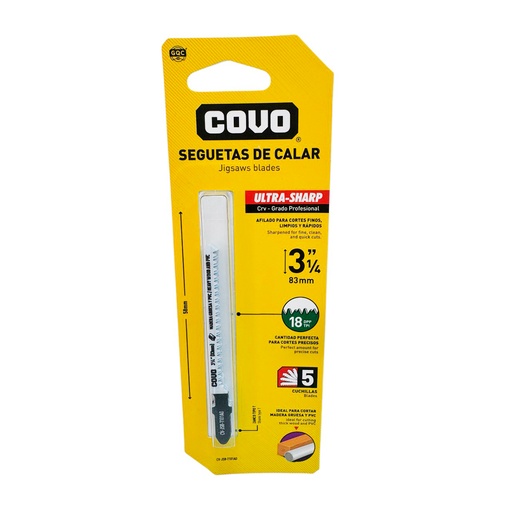 [13138] SEGUETA DE CALAR 3 1/4" PARA MADERA GRUESA Y PVC 5 PZAS COVO