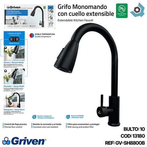 [13180] GRFIERIA MONOMANDO CON CUELLO EXTENSIBLE NEGRO MATE GRIVEN