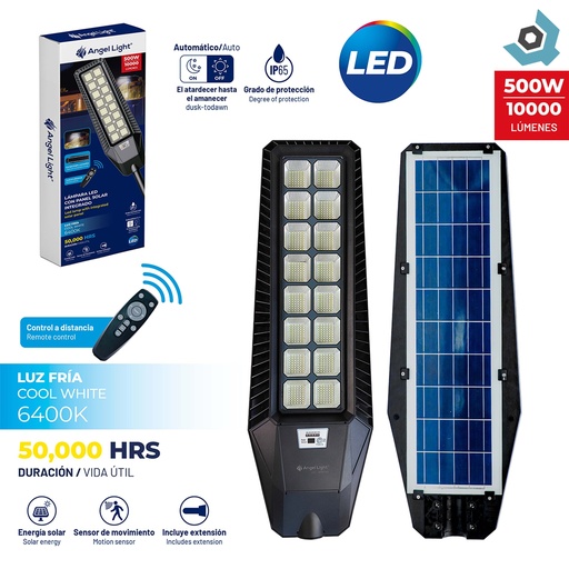 [13182] LAMPARA LED 500W CON PANEL SOLAR 6400K ANGEL LIGHT