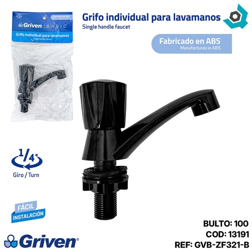 [13191] GRIFERIA PARA LAVAMANOS INDIVIDUAL ABS NEGRO GRIVEN BASIC