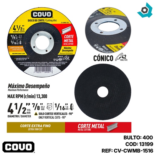 [13199] DISCO PARA CORTE EN METAL 4 1/2" EXTRA FINO COVO