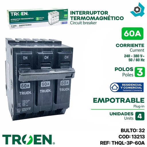 [13213] BREAKER PARA EMPOTRAR TERMOMAGNETICO 60A 3P TROEN