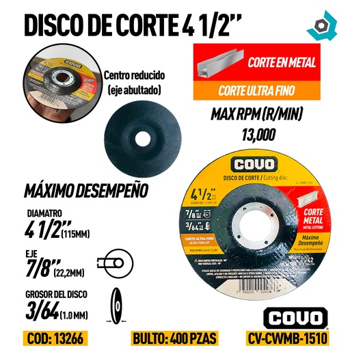 [13266] DISCO PARA CORTE EN METAL 4 1/2" ULTRA FINO COVO
