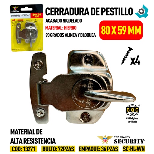 [13271] CERRADURA DE PESTILLO 80X59MM NIQUELADO SECURITY