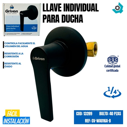 [13289] LLAVE INDIVIDUAL PARA DUCHA NEGRO MATE GRIVEN