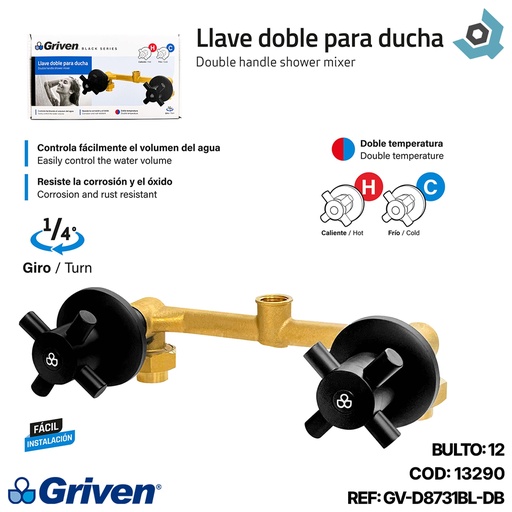 [13290] LLAVE DOBLE CRUZ PARA DUCHA NEGRO MATE GRIVEN