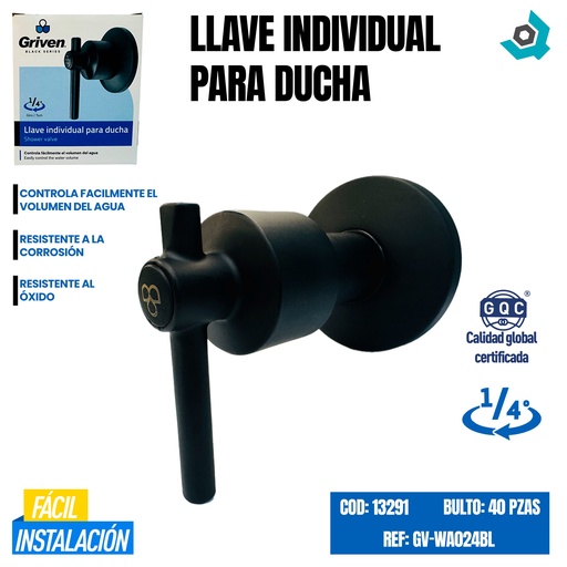 [13291] LLAVE INDIVIDUAL PARA DUCHA NEGRO MATE GRIVEN