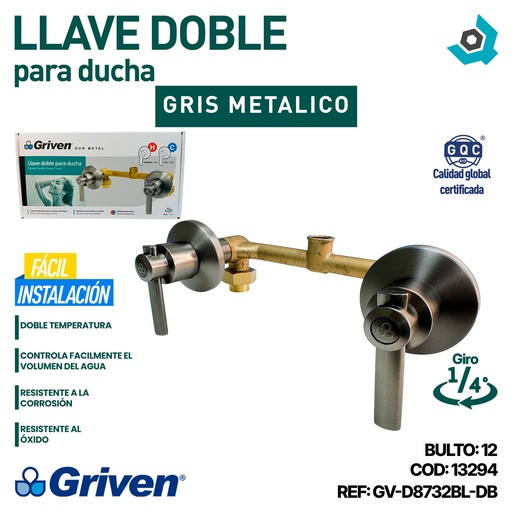 [13294] LLAVE DOBLE PARA DUCHA GRIS METÁLICO GRIVEN GUN METAL