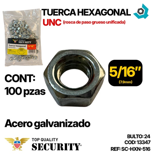 [13347] TUERCA HEXAGONAL 5/16" 100 PZAS SECURITY