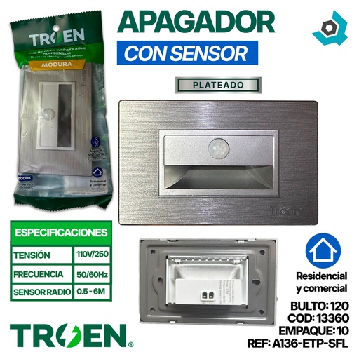 [13360] LUZ DE PASO CON SENSOR 1.5W 3000K PLATEADO TROEN