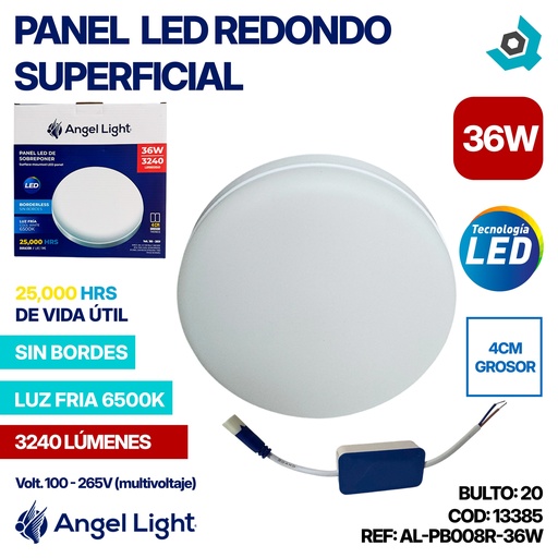 [13385] LAMPARA PANEL LED REDONDO SUPERFICIAL LUZ FRIA 36W ANGEL LIGHT