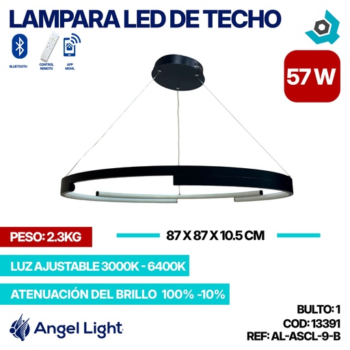 [13391] LAMPARA LED 57W DE TECHO LUZ AJUSTABLE  NEGRA ANGEL LIGHT