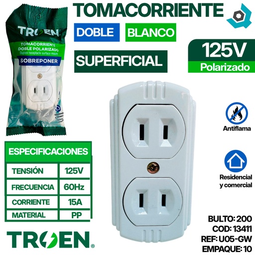 [13411] TOMACORRIENTE DOBLE 125V 15A POLARIZADO TROEN