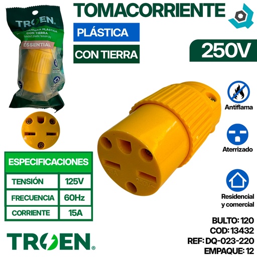 [13432] TOMACORRIENTE 250V PLASTICA SIN TIERRA TROEN