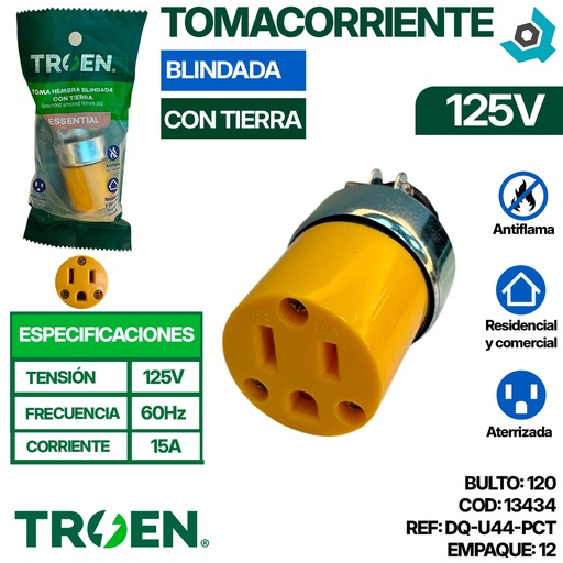 [13434] TOMACORRIENTE 125V BLINDADA CON TIERRA TROEN