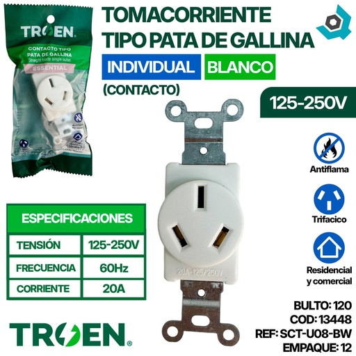 [13448] TOMACORRIENTE 125 - 250V TIPO PATA DE GALLINA (CONTACTO) TROEN