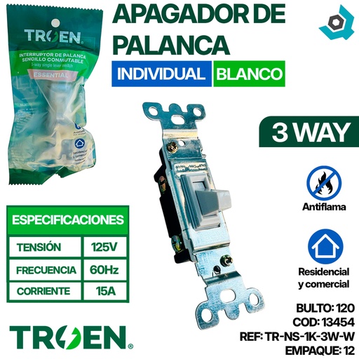 [13454] APAGADOR DE PALANCA 3 WAY INDIVIDUAL BLANCO TROEN