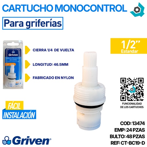 [13474] CARTUCHO MONOCONTROL 1/2" PARA GRIFERIAS GRIVEN