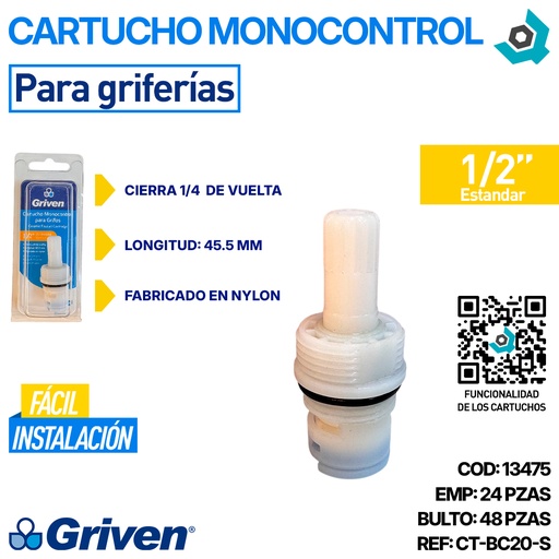 [13475] CARTUCHO MONOCONTROL 1/2" PARA GRIFERIAS GRIVEN