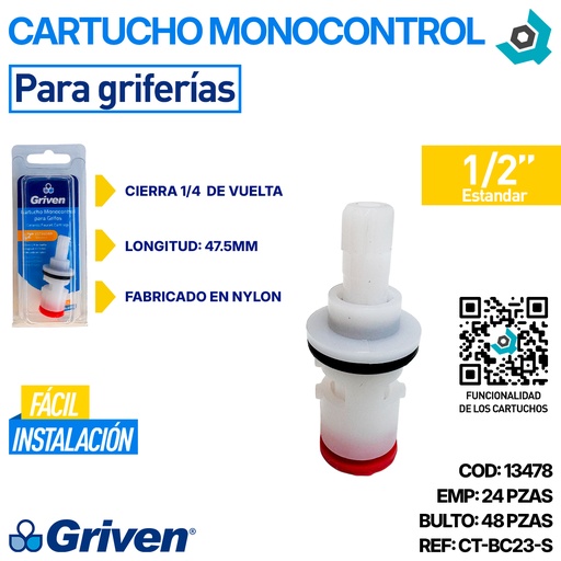 [13478] CARTUCHO MONOCONTROL 1/2" PARA GRIFERIAS GRIVEN