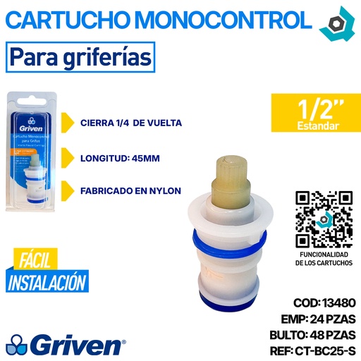 [13480] CARTUCHO MONOCONTROL 1/2" PARA GRIFERIAS GRIVEN