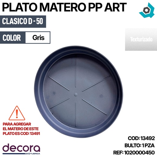 [13492] PLATO MATERO PP CLASICO D-50 GRIS DP