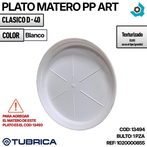 [13494] PLATO MATERO PP CLASICO D-40 BLANCO DP