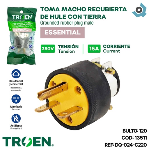 [13511] ENCHUFE RECUBIERTA DE HULE CON TIERRA 250V 15A TROEN