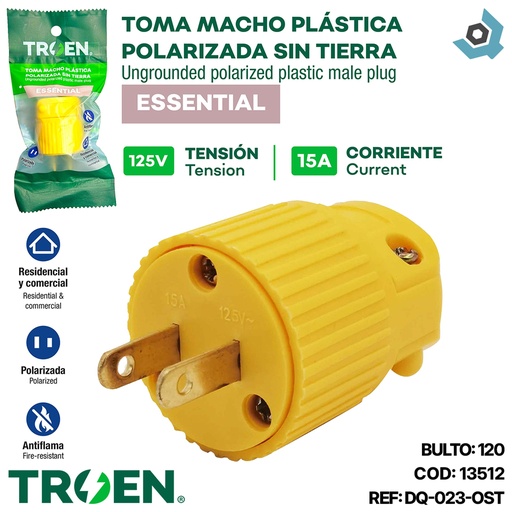 [13512] ENCHUFE PLASTICO POLARIZADO SIN TIERRA 125V 15A TROEN