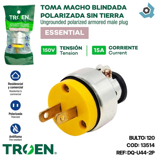 [13514] ENCHUFE BLINDADO POLARIZADO SIN TIERRA 150V 15A TROEN