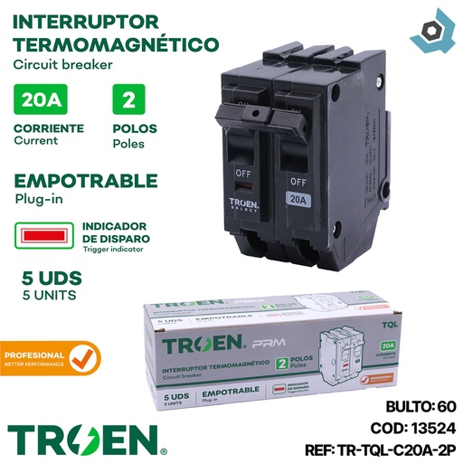 [13524] BREAKER TERMOMAGNETICO 20A 2P EMPOTRAR TQL TROEN