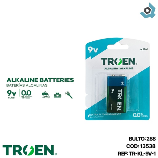[13538] BATERIA ALCALINA 9V EXTRA ALTO RENDIMIENTO TROEN