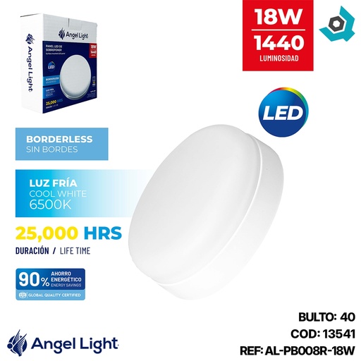 [13541] LAMPARA PANEL LED REDONDO SUPERFICIAL LUZ FRIA 18W ANGEL LIGHT