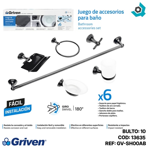 [13635] JUEGO DE ACCESORIOS PARA BANO 6 PIEZAS GRIVEN BLACK